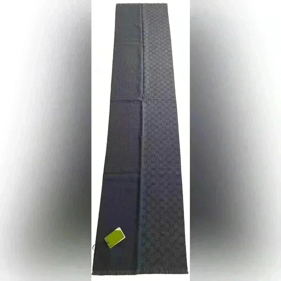 Gucci Wool Scarf Half GG Pattern Monogram Italy 40x180 Dark Green Navy Gray Long - Picture 1 of 13